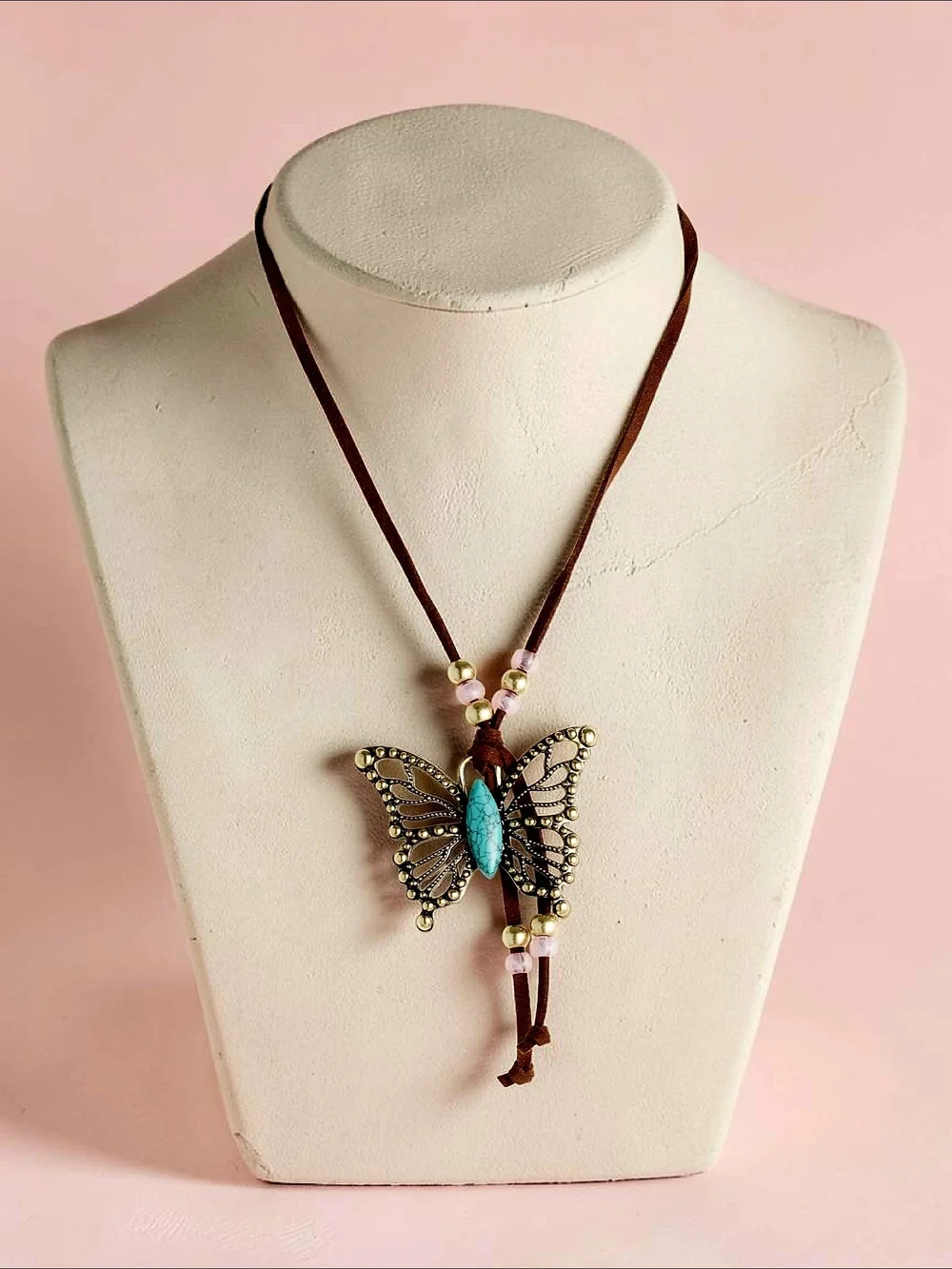 NEW Betsey Johnson Butterfly Boho Necklace Suede Cord Faux Turquoise Stone 16 in